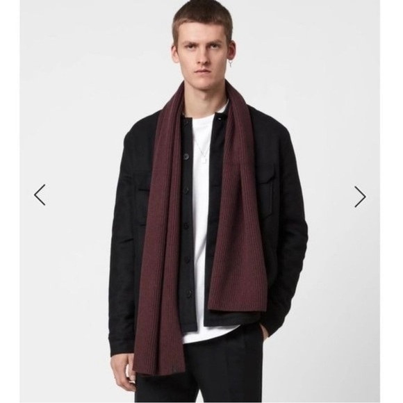 Allsaints Men's Narrow Rib Merino Wool Scarf - Maroon Red (B326) - Picture 1 of 9